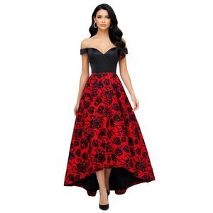 Sherri Hill Laura Marano Red Black Rose Floral High Low Formal Prom Dress 0 EUC
